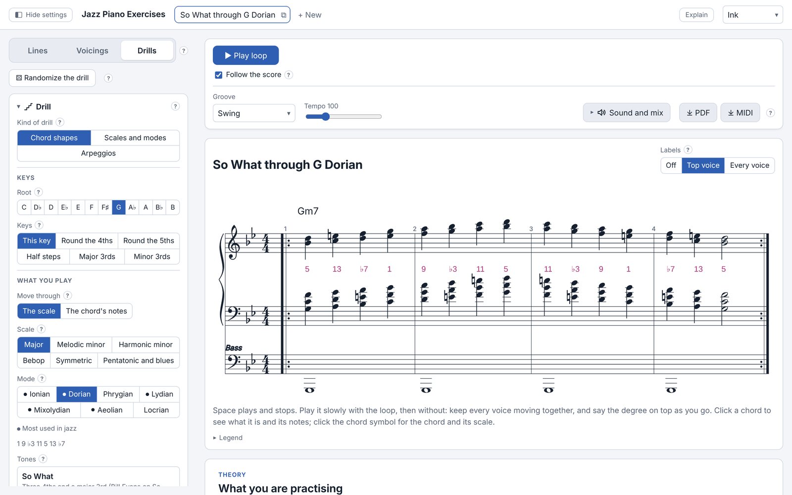A drill: the So What voicing walked through G Dorian, every top note labelled with its degree