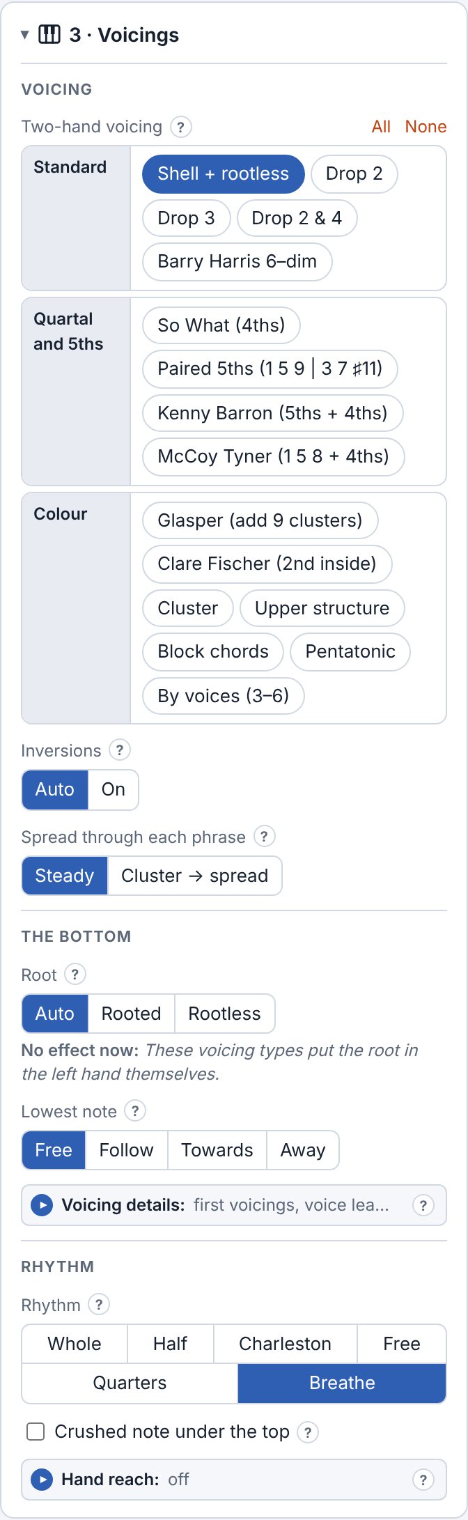 The Voicings section