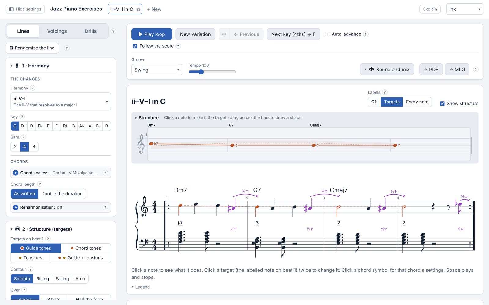 The app: a ii–V–I in C with the line's target notes marked on the score, the structure of the line above it, and the settings on the left